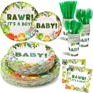 350 Pcs Dinosaur Baby Shower Party Favor Rawr Its a Boy Disposable Tableware Napkins Cups Knives Forks Spoons for 50 Guests Dino Birthday Party Decoration (Green)