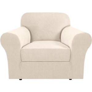 H.VERSAILTEX Stretch Armchair Cover 2 Piece Chair Covers for Living Room Furniture Cover Suit for T Cushion/Box Cushion, Spandex Jacquard Fabric Small Checks(Armchair-Standard, Natural)