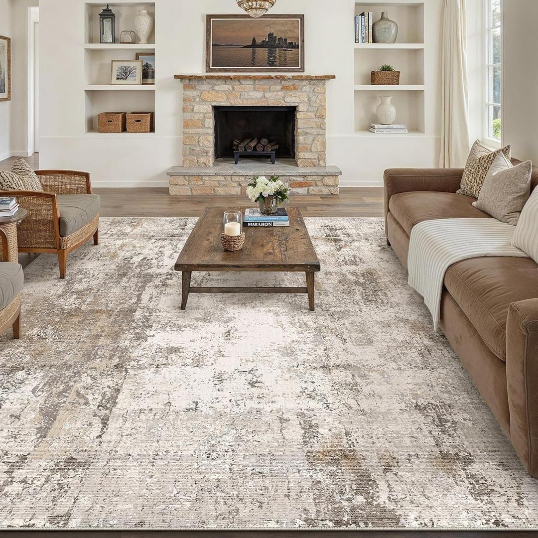 8x10 Washable Area Rug Brown Grey Abstract Non Slip Soft Low Pile Rug for Living Room Bedroom Dining Room Office Neutral Modern Indoor Large Throw Carpet for Home Decor