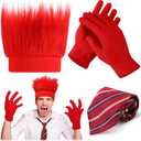 Crowye 3 Pcs Halloween Angry Costume Accessories Included Fire Wig Gloves and Stripe Tie Set for Men Women Cosplay Party Red (Red)