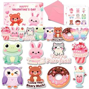 2 x 36 Pack Valentines Day Cards for Kids School  Adorable Die-Cut Animal & Food Classroom Valentines with Pink Envelopes & Stickers, 9 Cute Designs for Boys, Girls & Teachers