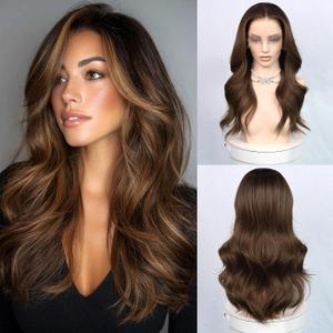 26 Inch Brown Highlight Synthetic Lace Front Wig 13x4 Long Wavy Glueless Wigs for Women Mixed Sand Blonde 180% Density Pre Plucked Natural Hairline Heat Resistant Fiber
