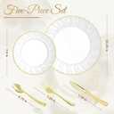 Lzerking 125 Pcs Ivory Scalloped Disposable Plates with Gold Rim, Elegent Plastic Dinnerware Set - 50 Plastic Plates, 75 Gold Silverware, Disposable Plates for Wedding Baby Shower Holiday Party