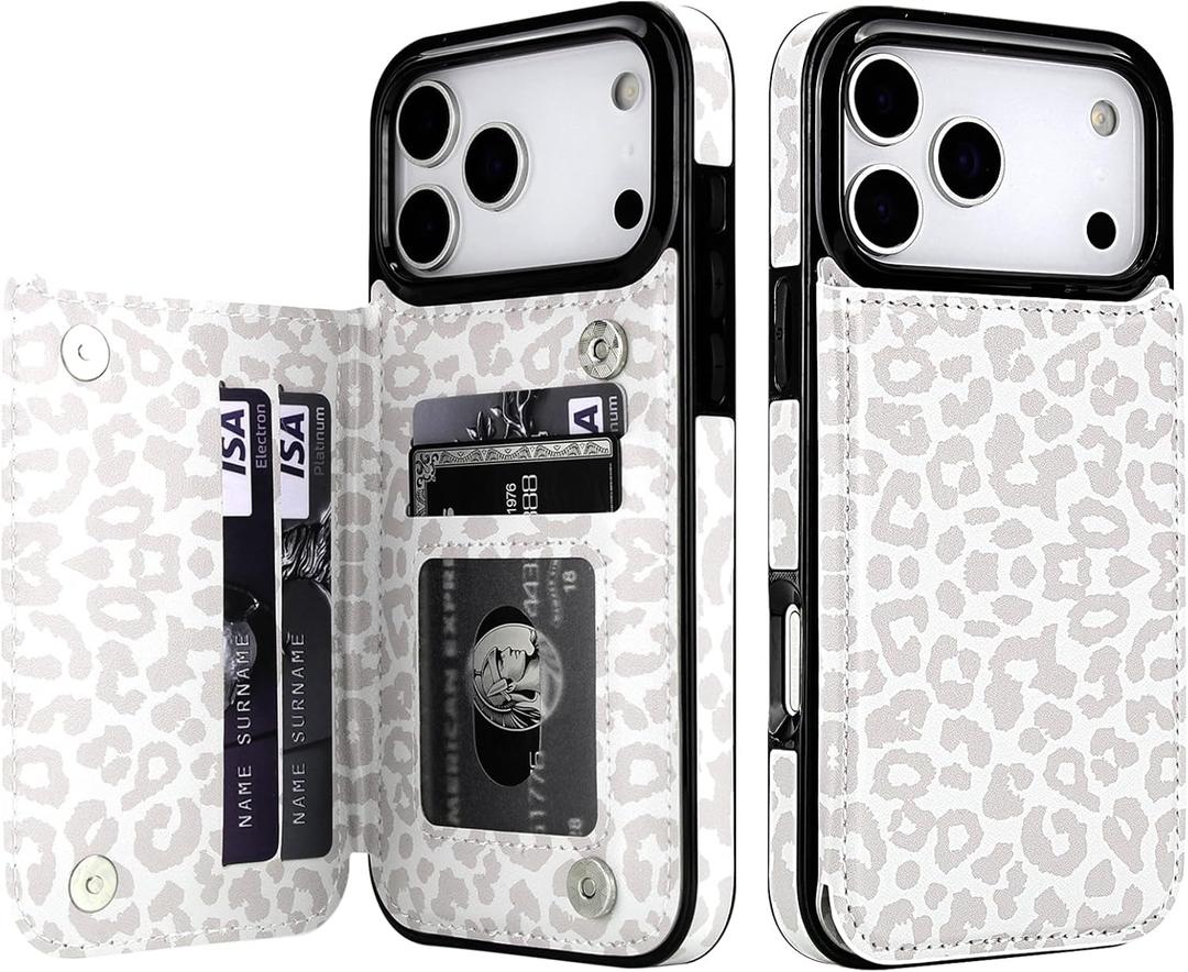 HAOPINSH Wallet Case with Card Holder for iPhone 17 Pro Max, White Leopard Cheetah Pattern Back Flip Folio PU Leather Kickstand Card Slots Case for Women Girls Shockproof 6.9"