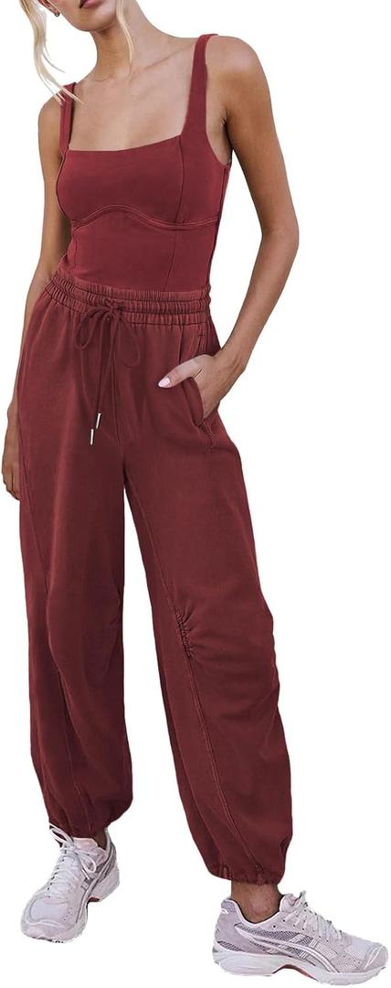 Women's Sleeveless Summer Jumpsuit Square Neck Drawstring Waist Long Romper Jumpers 2025 with Pockets Extra Large, Maroon Red