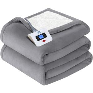 Sealy Electric Blanket Twin Size, Flannel & Sherpa Heated Blanket with 10 Heating Levels & 1-12 Hours Auto Off, Machine Washable, Light Grey, 62"x 84"