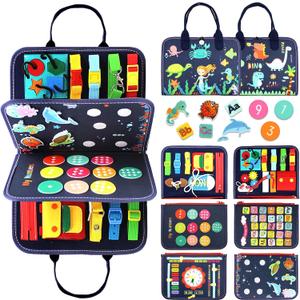 Qizfun Montessori Busy Board & Busy Book for Toddlers Sensory & Learning Toy That Keeps Kids Busy, Travel Toy for Airplane & Car, Screen for Boys & Girls (Blue/P4)