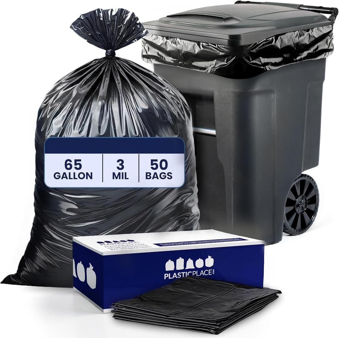 Plasticplace 65 Gallon Trash Bags 3.0 Mil Black Heavy Duty Garbage Can Liners 50 X 48 (50Count)
