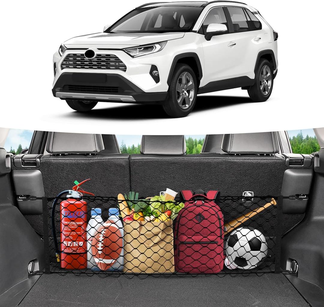 Canvcle Trunk Cargo Net for 2019-2025 Toyota RAV4 Accessories Envelope Style Mesh Trunk Net Organizer and Storage Stretchable Adjustable Elastic Nylon Rear Cargo Netting with Hooks