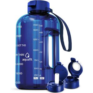 AQUAFIT Half Gallon Water Bottle with Time Marker - Straw & Chug Lid - BPA Free Gym Water Bottle with Straw - Big Gallon Jug (Blue, 64 oz - 2 Lids)