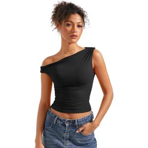 SUUKSESS Women Off Shoulder Tops Sleeveless Shirts Y2K Going Out Crop Tank Top (Medium, Black)
