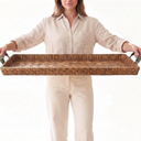 38" Extra Large Handwoven Decorative Tray with Handles | Handwoven Tray with a Sturdy Wood Base, Ideal for Dining Table Centerpieces, Console Tables and Stylish Home Decor pieces are chipped