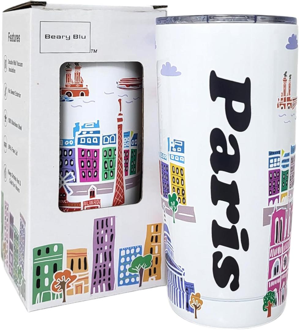 City Themed Artwork Tumbler Collection - Designed in the USA - 20oz Vacuum Insulated Tumbler with Lids - Stainless Steel Coffee Travel Mug with, Cup for Hot Cold Drinks (Paris)