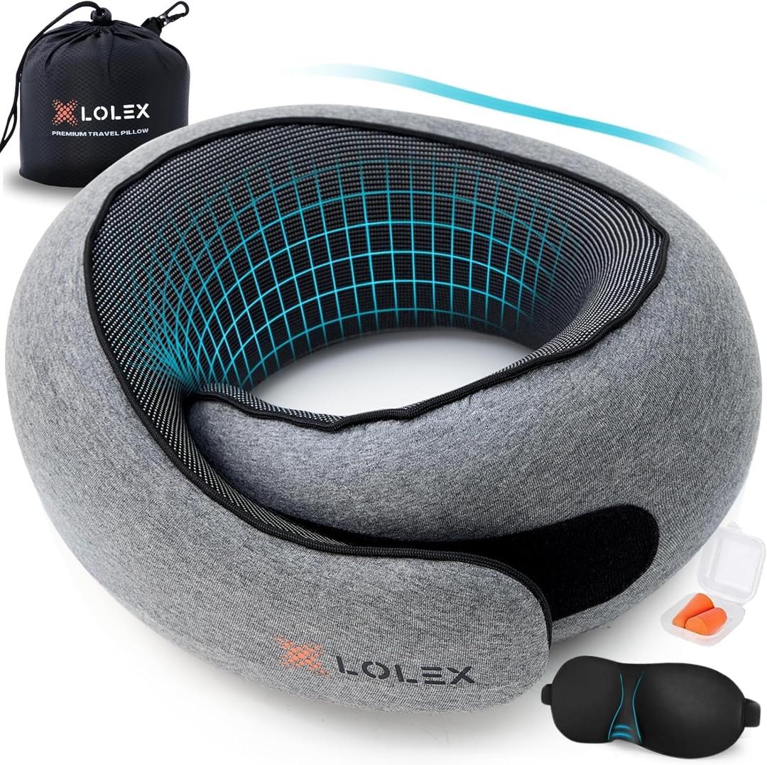 LOLEX Travel Pillow - Memory Foam Neck Support Pillow for Airplane, Car - Super-Soft Pure Cotton Fabric, Lightweight & Easy-to-Carry Full Travel Sleep Kit (Eye Mask, Earplugs) - Light Grey