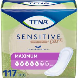 Tena Incontinence Pads, Bladder Control & Postpartum for Women, Maximum Absorbency, Long, Sensitive Care - 117 Count