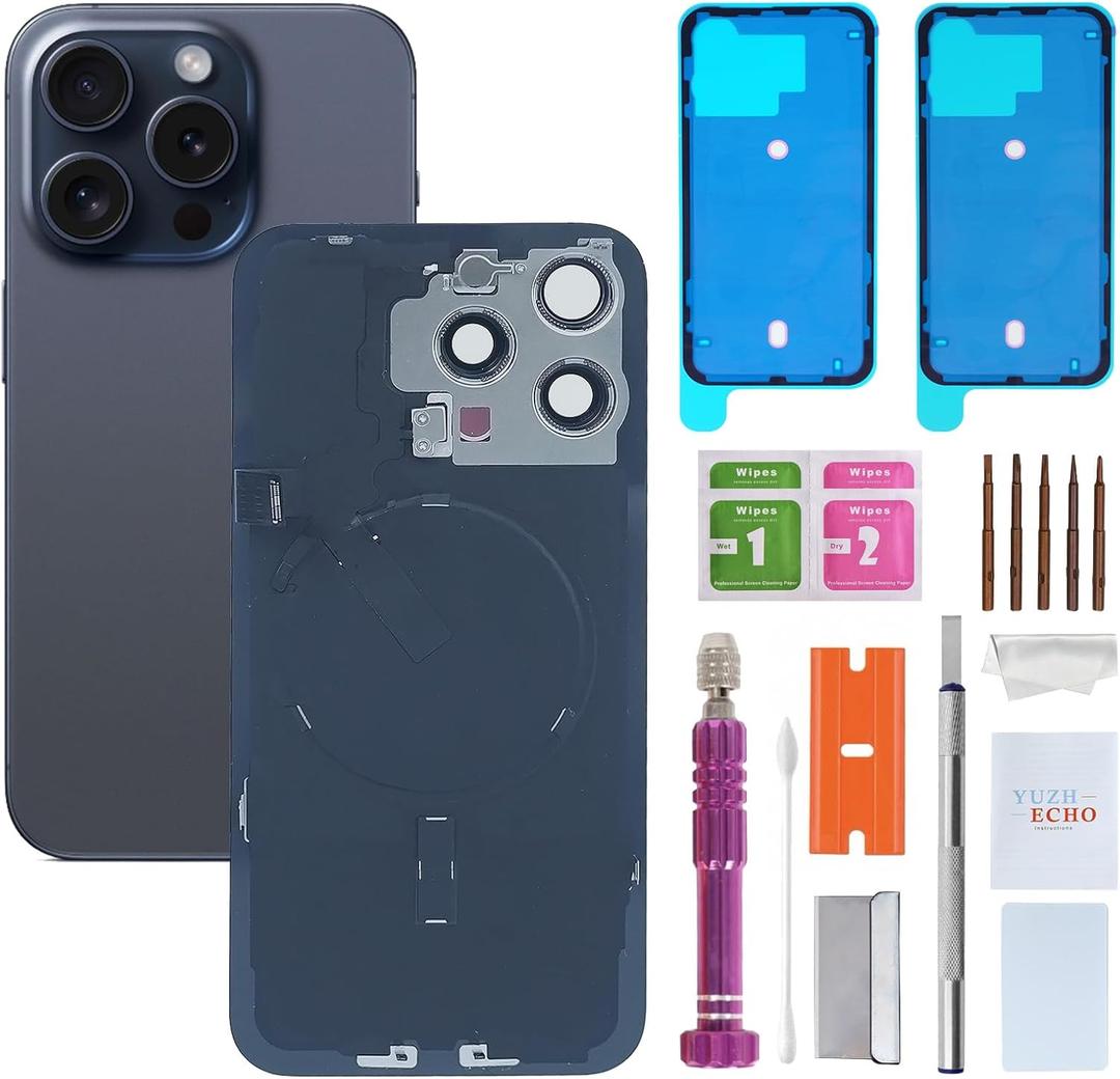 Back Glass Replacement for iPhone 15 Pro Max(6.7 inches,Blue Titanium) Integrated Glass & Wireless Charging Repair Tools are Included