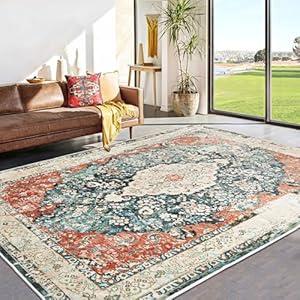 Topllen Ultra-Thin Vintage Area Rug Living Room Rug, Stain Resistant Washable Dining Room Mat Non-Slip Backing for Office Bedroom, Home Decor Rug (Coral Red/ Green, 8'x10')