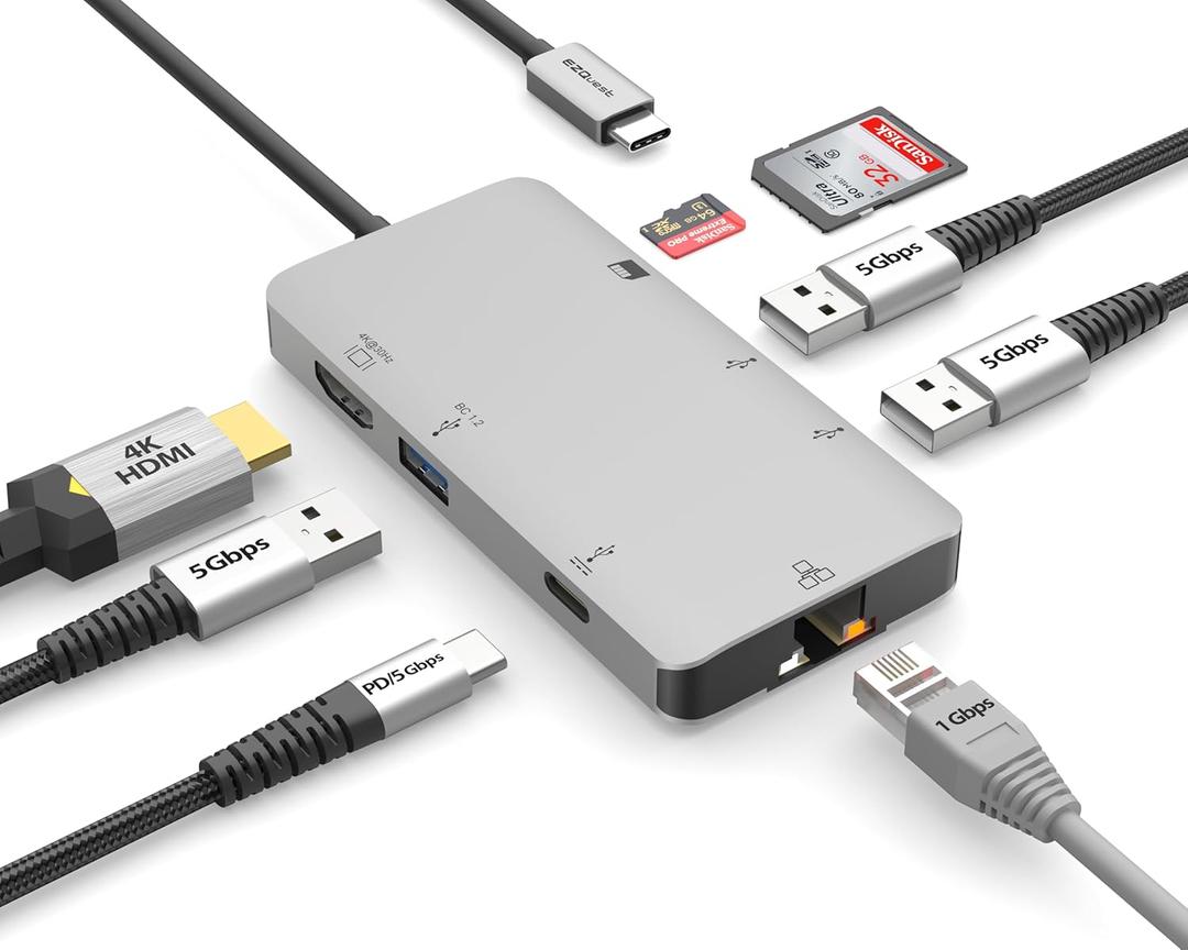 EZQuest USB C Hub Docking Station 8 in 1 with 4K HDMI, 1 Gbit Ethernet, 3 USB A 3.0 Ports, 1 USB-C PD/Data, SD/Micro SD for Work and Travel, Compatible with MacBook/Dell/HP/Lenovo/Laptops