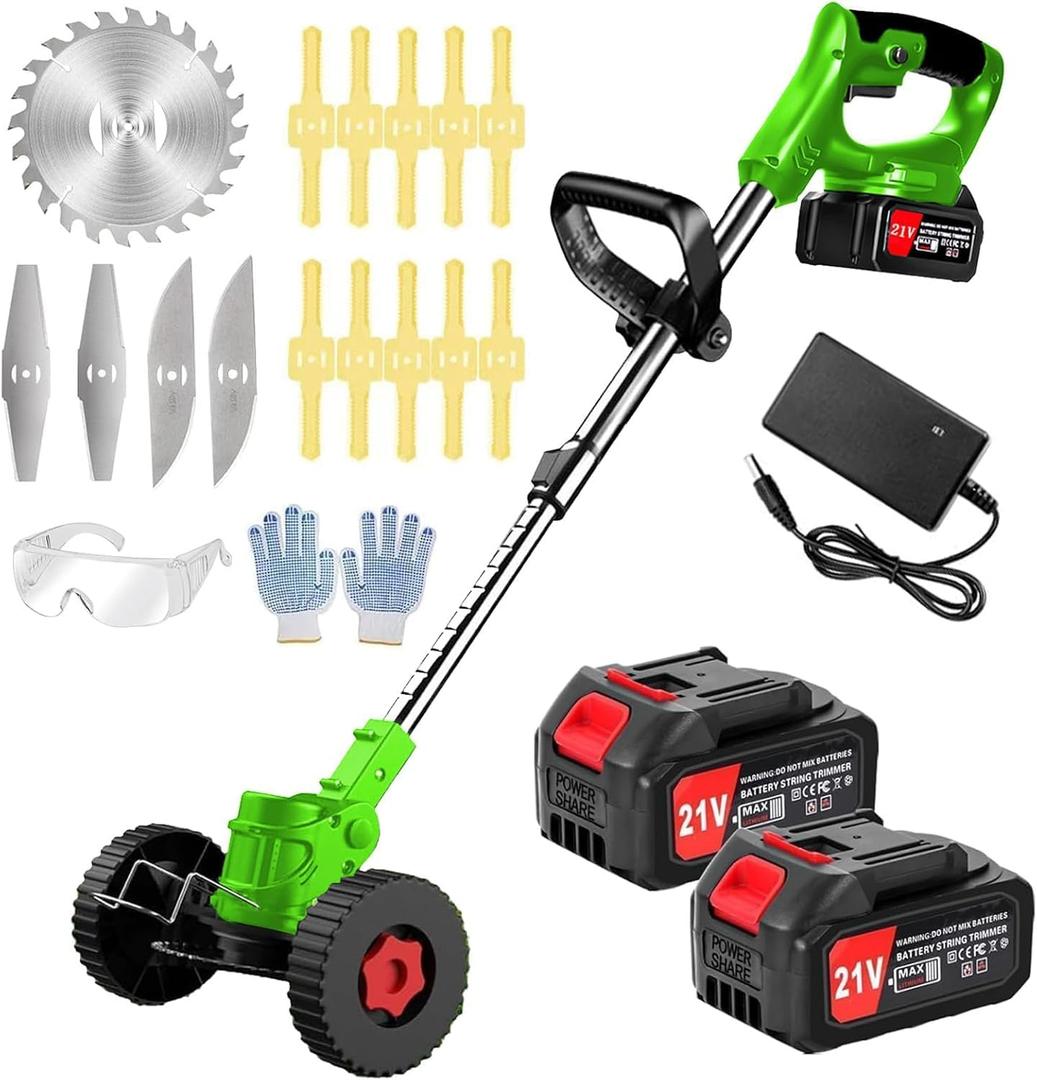 Electric Weed Wacker 21V Electric Weed Cordless Eater with 2pcs Batteries and 3 Types Blades&Auxiliary Wheel Weed Trimmer Lightweight 3 in 1 Stringless Grass Trimmer Edger/Brush Cutter for Lawn