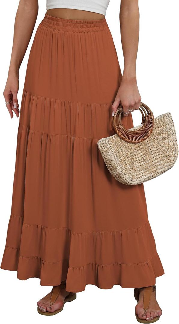 ANRABESS Womens Maxi Skirt Elastic High Waist Swing Tiered A-line Flowy Pleated Boho Beach Vacation Long Skirts (Medium, Rust)