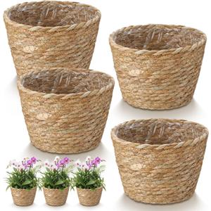 4 Pcs Straw Plant Baskets Indoor Rattan Woven Flower Baskets with Plastic Liner, Cattail Plant Planter for Indoor Outdoor Rustic Boho Home Farmhouse Floor Potted Pots Decor,  S(6.3" Top D X 4.3" Bottom D X 4.3"h)