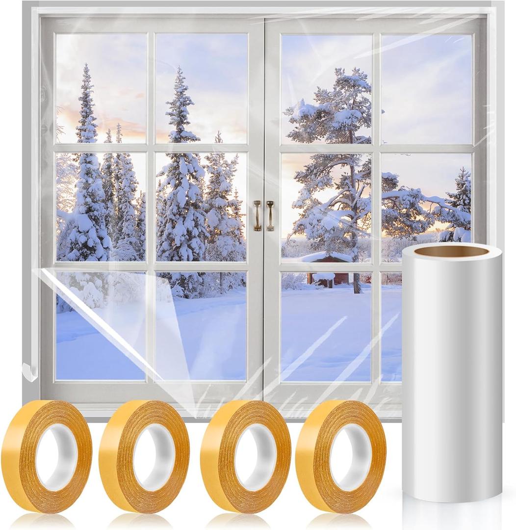 Window Insulation Kit, 87  394 Inch Plastic Window Coverings for Winter, Thicken Window Shrink Film Insulator Kit Windows Waterproof Winterizing with 4 Double-Sided Tape for 3 Pcs 7 x 9 Ft Windows