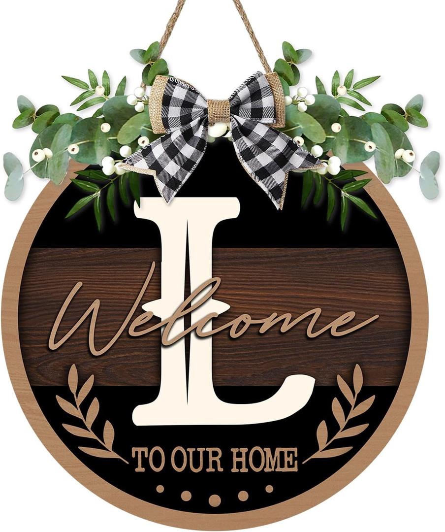 Monogram Letter L Front Door Sign, Welcome to Our Home Family Last Name Initial Wooden Hanger Decor Housewarming Wedding Gifts, Farmhouse Rustic Wreath Indoor Wall Hanging Decoration with Bow
