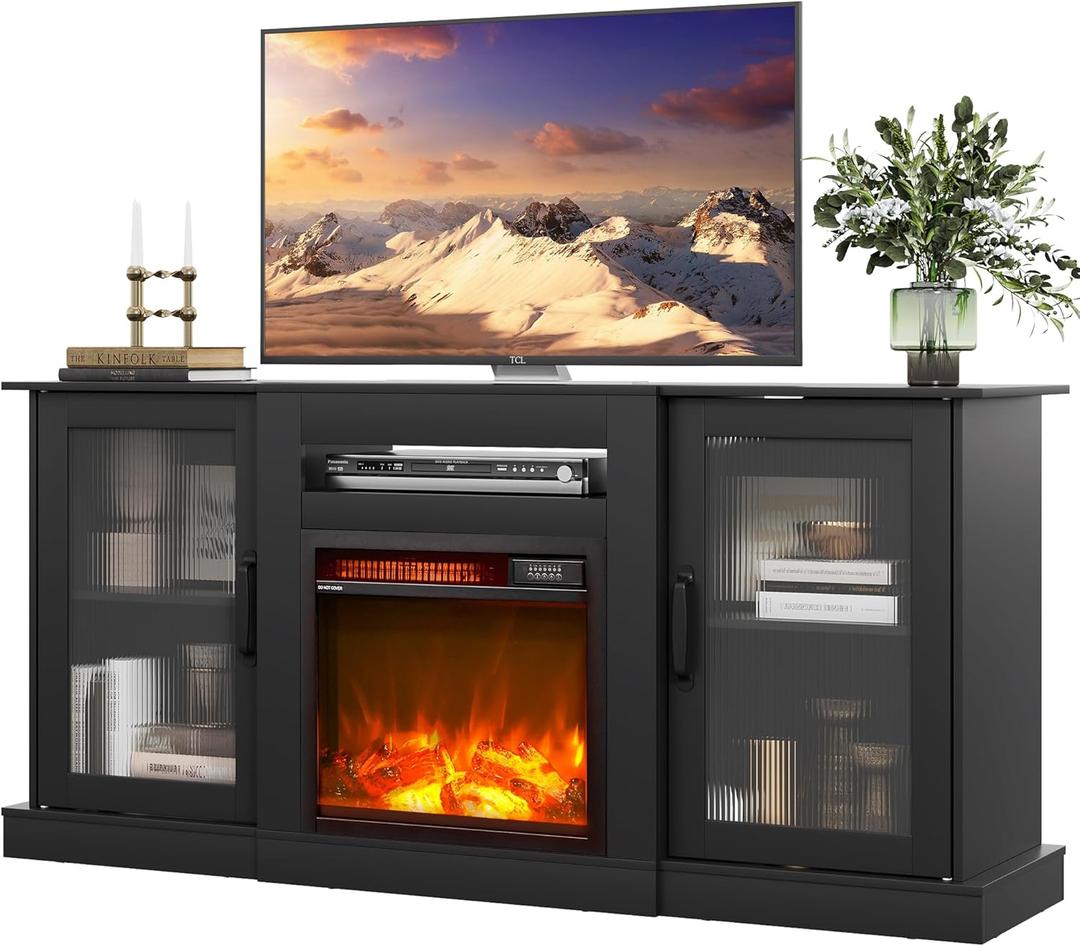WLIVE Fireplace TV Stand for 65" TV, Entertainment Center with 18 Inch Electric Fireplace, TV Console with Open Shelves for Living Room, Rustic Brown (Black)