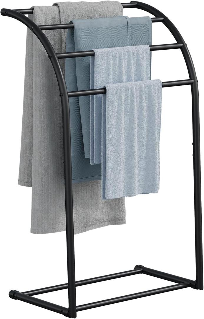YINMIT 40 Inch Free Standing Towel Rack, 4 Tier Pool Towel Stand Outdoor, Floor Towel Holder for Bathroom, Black Metal Towel Display Rack