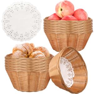 12 Pcs Round Small Plastic Bread Basket, Wicker Basket for Serving 7x7x3 Inch Woven Food Storage Basket, Fruit Basket, Gift Basket (Comes with Food Blotting Sheets) Brown