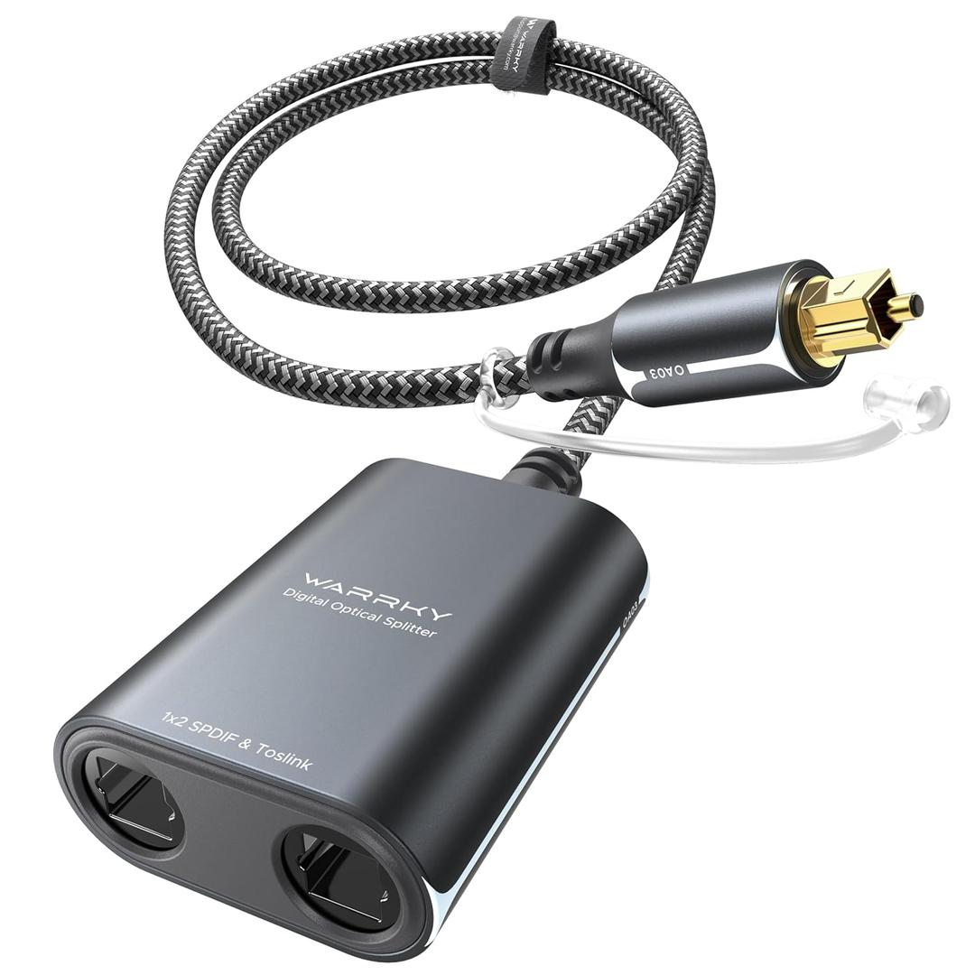 Warrky Optical Splitter, 1 in 2 Out Optical Splitter 2ft [Aluminum Shell, Gold Plated] Toslink Splitter for LPCM 2.0, Dolby, DTS 5.1, Compatible with Soundbar, Headphones, TVs 