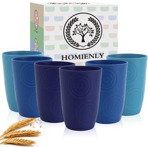 Homienly Wheat Straw Cups 6 PCS Plastic Cups Reusable Unbreakable Drinking Cup Dishwasher Safe Water Glasses (16 OZ,Blue Sky) (Ocean)