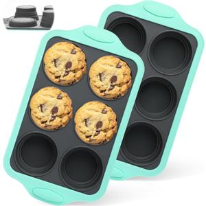 Muffin Pans for Baking 6 Cups, Silicone Foldable Muffin Pan with Metal Frame, Collapsible Cupcake Pan, Egg Bite Molds, Muffin Tin Tray for Baking Homemade Brownies Puddings (2)