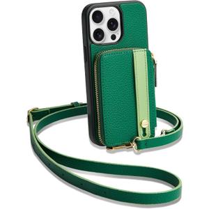 LAMEEKU for iPhone 15 Pro Max Wallet Case, Zipper Leather Card Slots Crossbody Case with Phone Grip Holder Stand Wrist Strap Lanyard for Women for iPhone 15 Pro Max 6.7 inch Dark Green