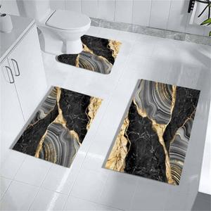 MUGINYU Black and Gold Rug for Bathroom Decor,Black and Gold Bathroom Rugs Sets 3 Piece,Marble Decor Thin Rubber Diatomaceous Earth Quick Dry Rugs with U-Shaped Contour Toilet Mat