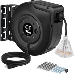 Retractable Cord Reel, 75 FT Heavy Duty Extension Cord, 14AWG/3C SJTOW, 3 Grounded Outlets Lighted Triple Tap, 10A Circuit Breaker, Wall/Ceiling Mounted, UL Listed, Black H75CR06