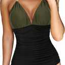 RXRXCOCO Women V Neck One Piece Swimsuits Tummy Control Ruched Swimwear Halter Bathing Suit (Large, 1 Green & Black)
