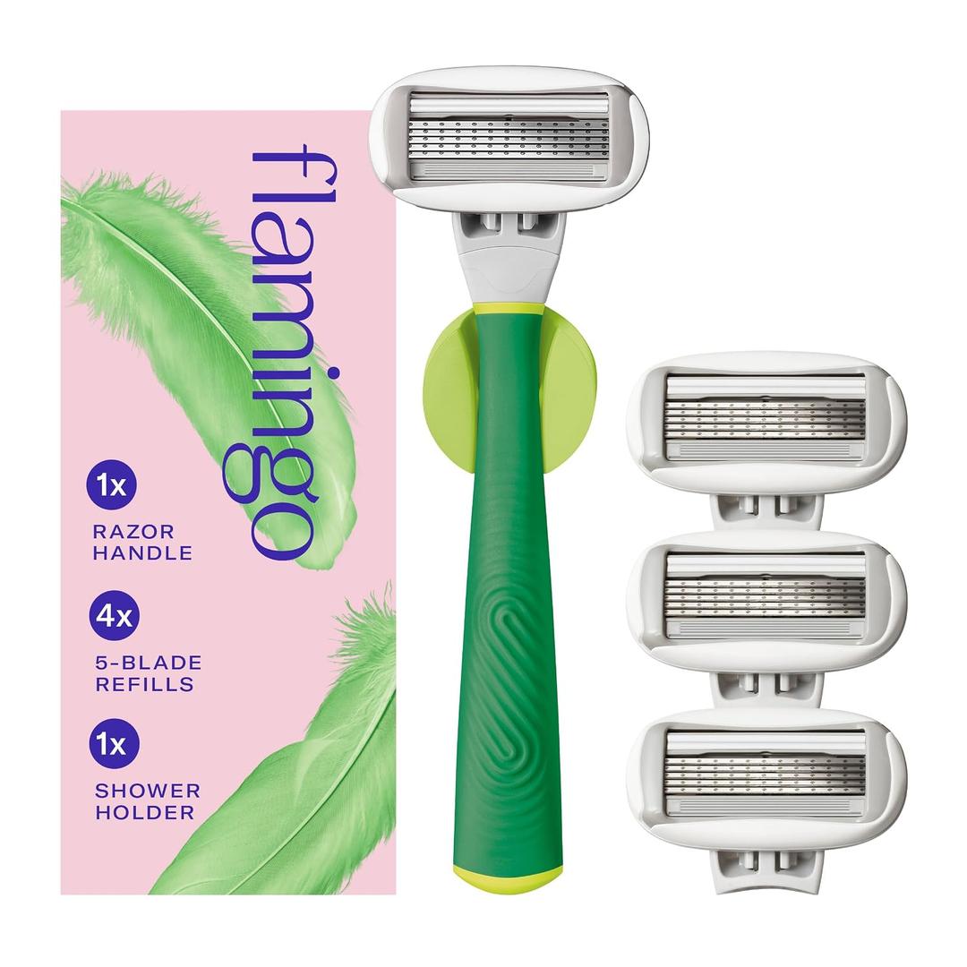 Flamingo Shaving Razor Set for Women - Original Razor Handle, 4 Blade Refills, and Shower Holder - Matcha