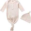 Twopumpkin Baby Girl Boy Coming Home Knotted Gown Unisex Newborn Infant Sleep Onesie Outfit Cute Baby Winter Pajamas (60, A Waffle Knit Cream)