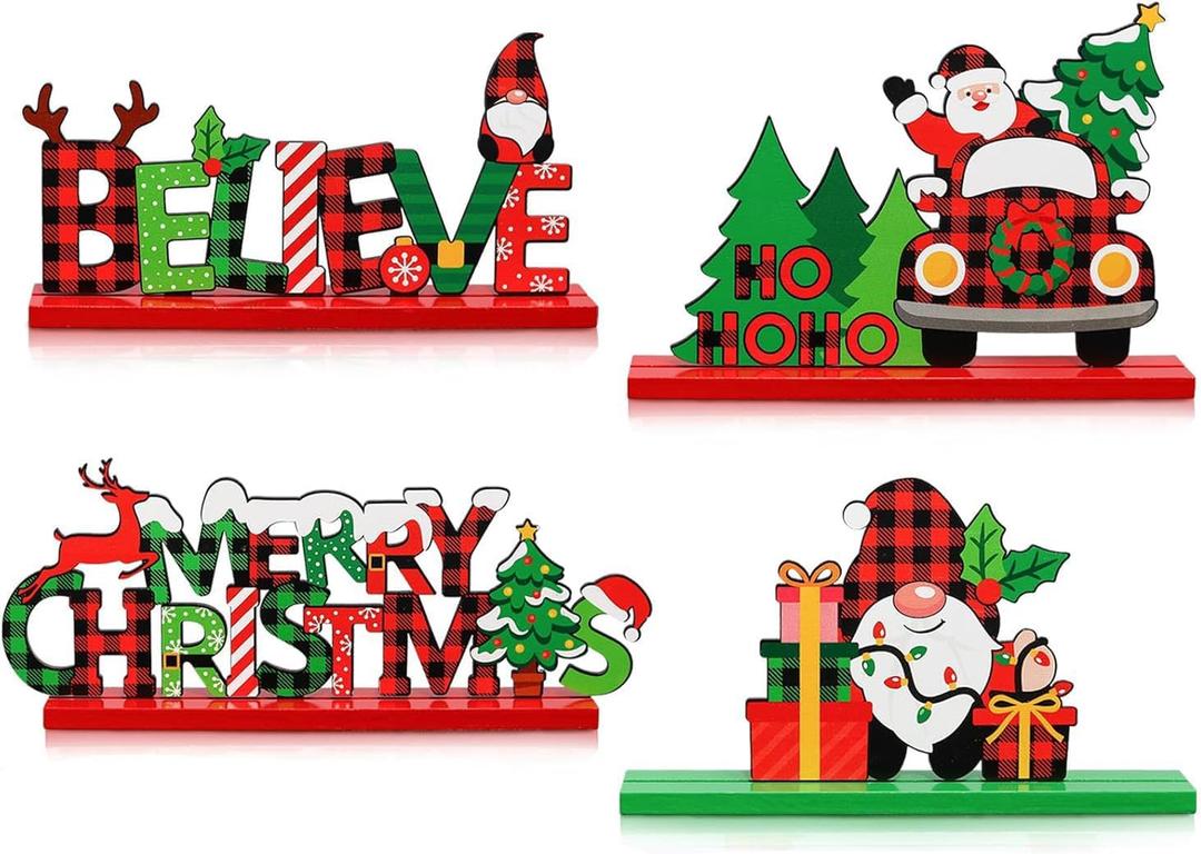 Christmas Decorations Table Centerpiece 4pcs Gingerbread Christmas Party Decorations Wooden Signs Merry Christmas Table Topper Signs Photo Prop for Xmas Holidays Tiered Tray Decor