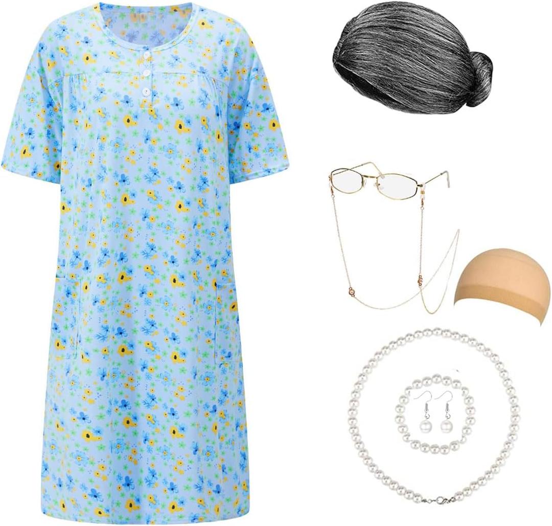 Old Lady Costume for Women Granny Costume Kit with Old Lady Nightgown Wig Grandma Costume Halloween Outfits (5-7T, Dress)