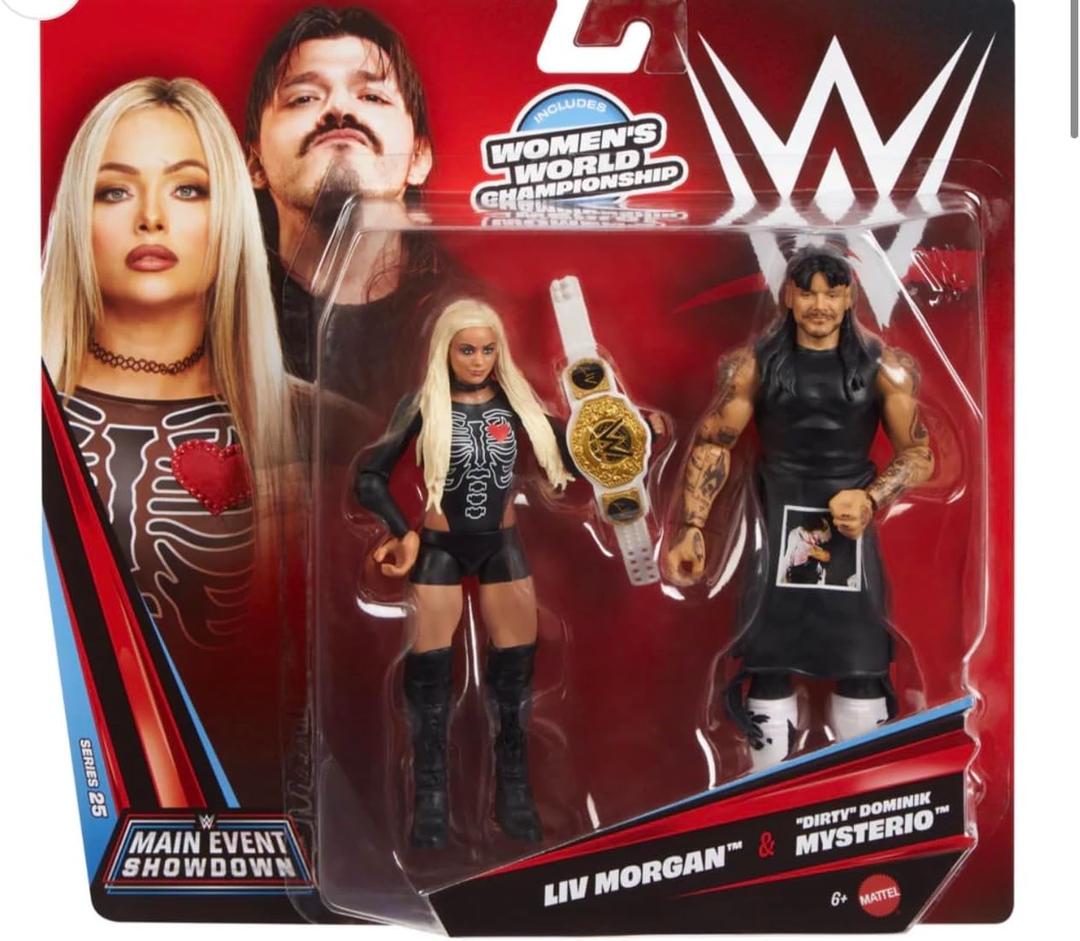 Mattel WWE Main Event Showdown Action Figures 2-Pack with Accessory, Series #25 Dirty Dominik Mysterio & Liv Morgan Collectible Set, 6-inch