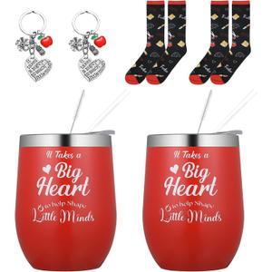 2 Sets Mother's Day Gift Cups for Women Red Tumbler Daycare Teacher Mug Tumbler Keychain Socks for Women Student Employee Appreciation End of Year Gift, It Takes a Big Heart to Help Shape Minds