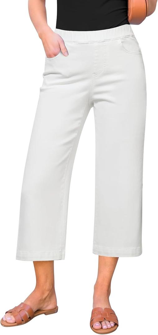 GRAPENT Capri Jeans for Women Wide Leg High Waisted Effortless Flow Pull On Stretchy Denim Elastic Waist Pants with Pockets (XX-Large, Cream White)