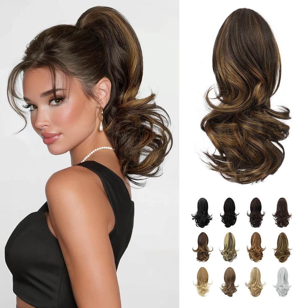 SOFEIYAN 13" Ponytail Extension Long Curly Ponytail Clip in Claw Hair Extension Natural Looking Synthetic Hairpiece for Women, Dark Brown/Golden Auburn