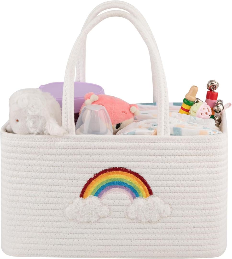 OIAHOMY Large Baby Diaper Caddy Organizer, Portable Diaper Basket with Handles, Baby Gift Basket with Rainbow-White Design (14.968.669.84)
