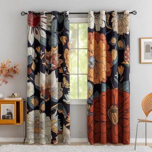 Black Boho Floral 100% Blackout Curtains for Bedroom 96 inch Long 2 Panels Mid Century Botanical Black Out Curtains for Living Room Grommet Thermal Insulated Room Darkening Window Drapes,52Wx96L (52"W x 96"L (Pack of 2))