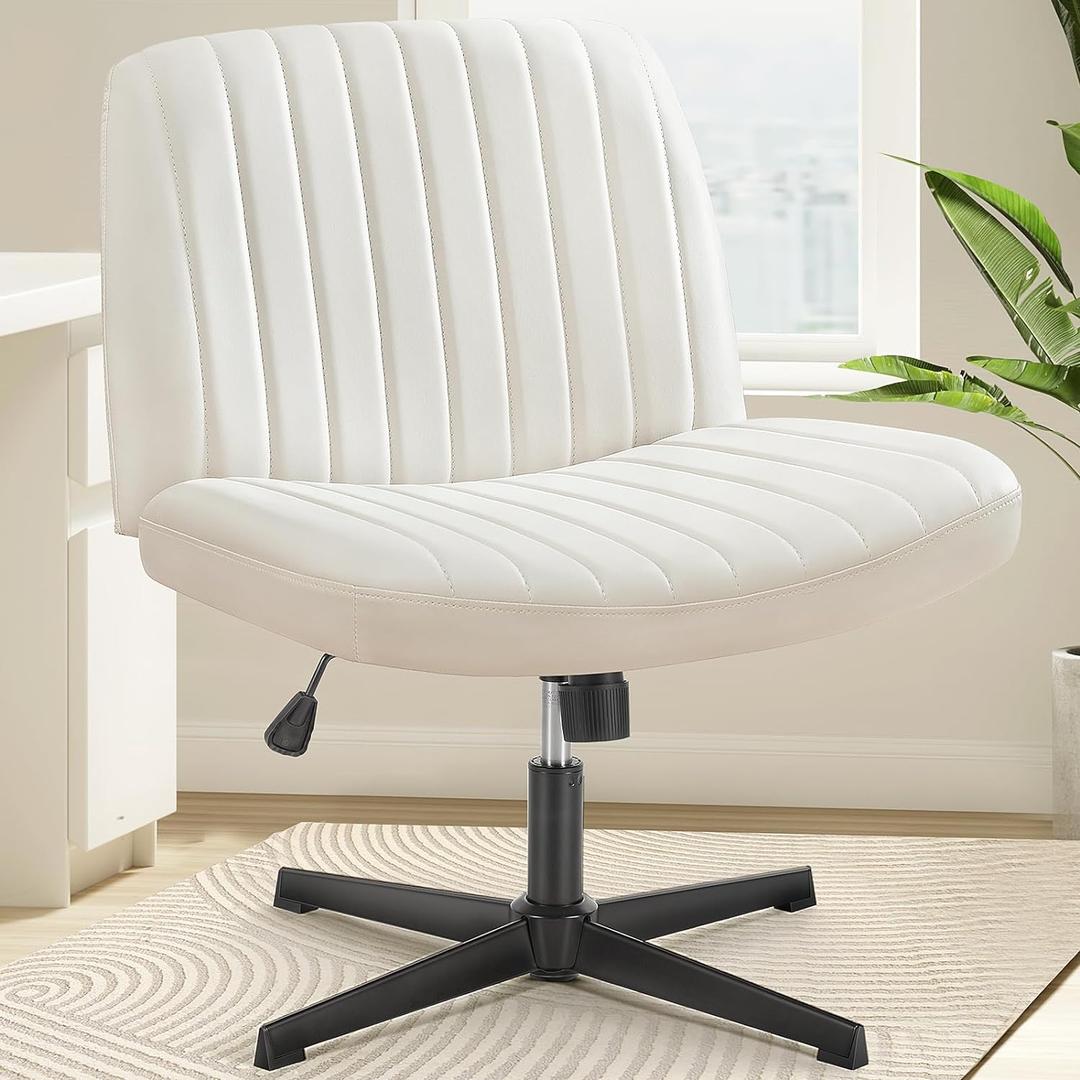 OLIXIS Criss Cross Chairs Armless No Wheels Wide Seat Cross Legged Height Adjustable Swivel Padded PU Leather Home Office Desk Chair for Bedroom, Student, Study Room, Beige Dual Base