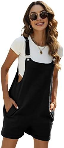 Yeokou Women's Cotton Linen Short Overalls Casual Summer Bib Shortalls with Pockets, L