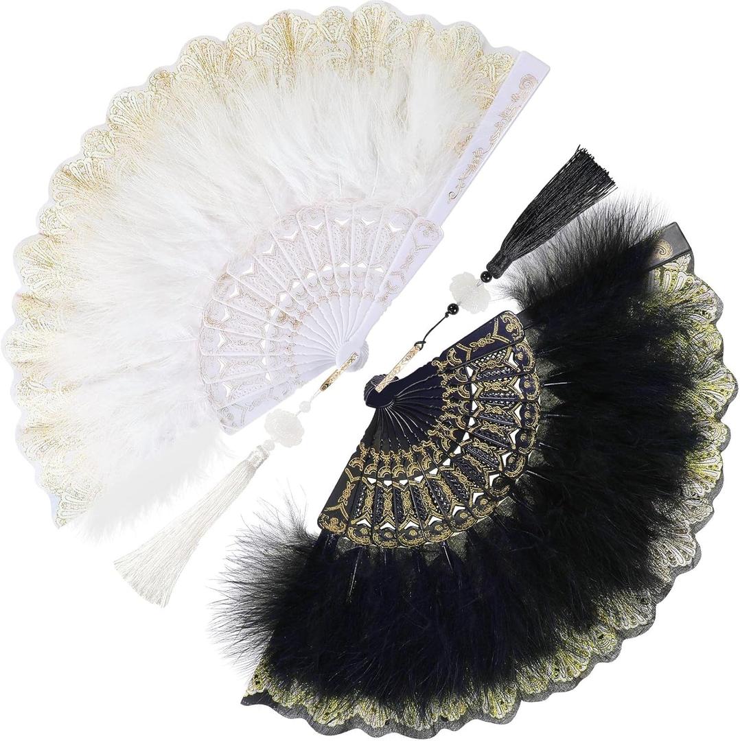 Namalu 2 Pieces Feather Hand Fan Embroidered Flower Marabou 1920s Feather Fan Hand Folding Drag Queen for 20s Women Costume Party Dancing Photoshoot Wedding Decor(White, Black)